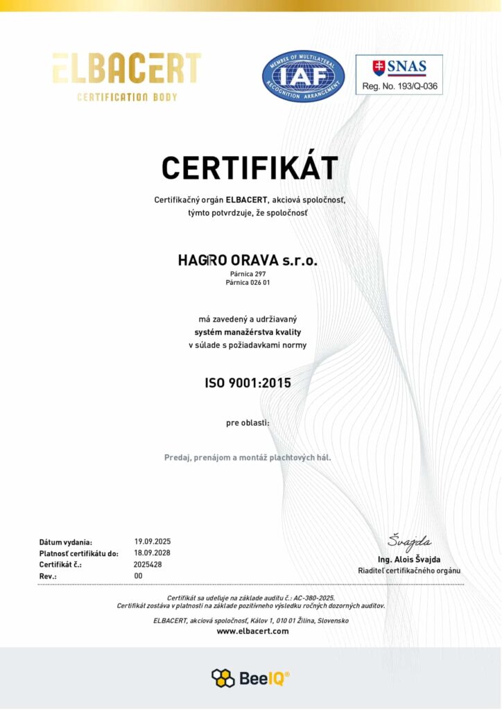 Certifikát ISO 9001 spoločnosti Hagro Orava