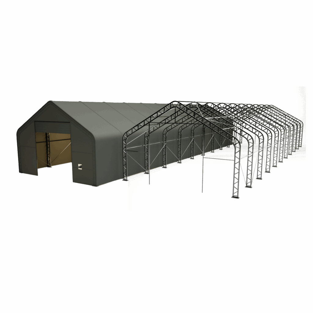 Vizualizácia stanovej sedlovej haly Hagro 9×30 m, bočný pohľad
