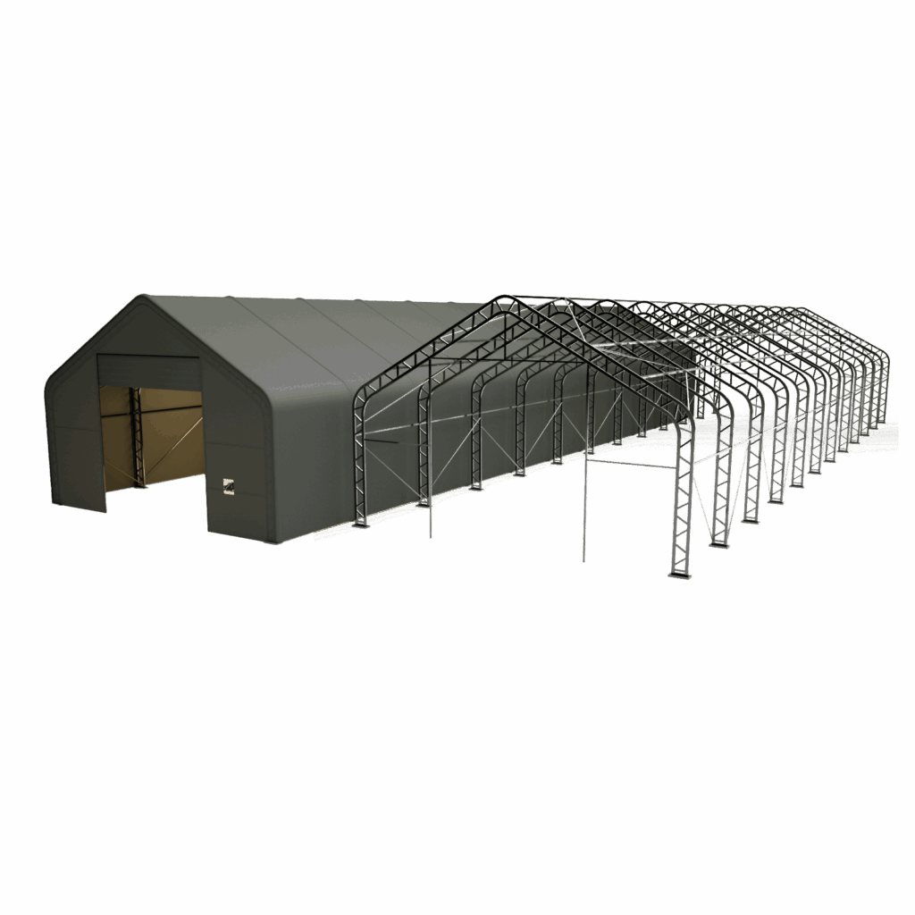 Vizualizácia stanovej sedlovej haly Hagro 9×33 m, bočný pohľad