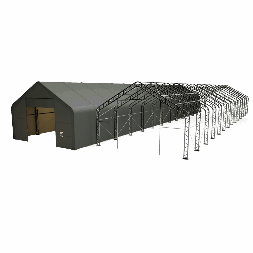 Vizualizácia stanovej sedlovej haly Hagro 9×39 m, bočný pohľad