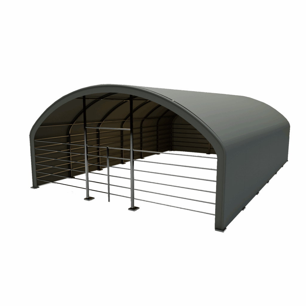 Vizualizácia prístrešku pre zvieratá a seno Hagro 8×12 m, čelný pohľad