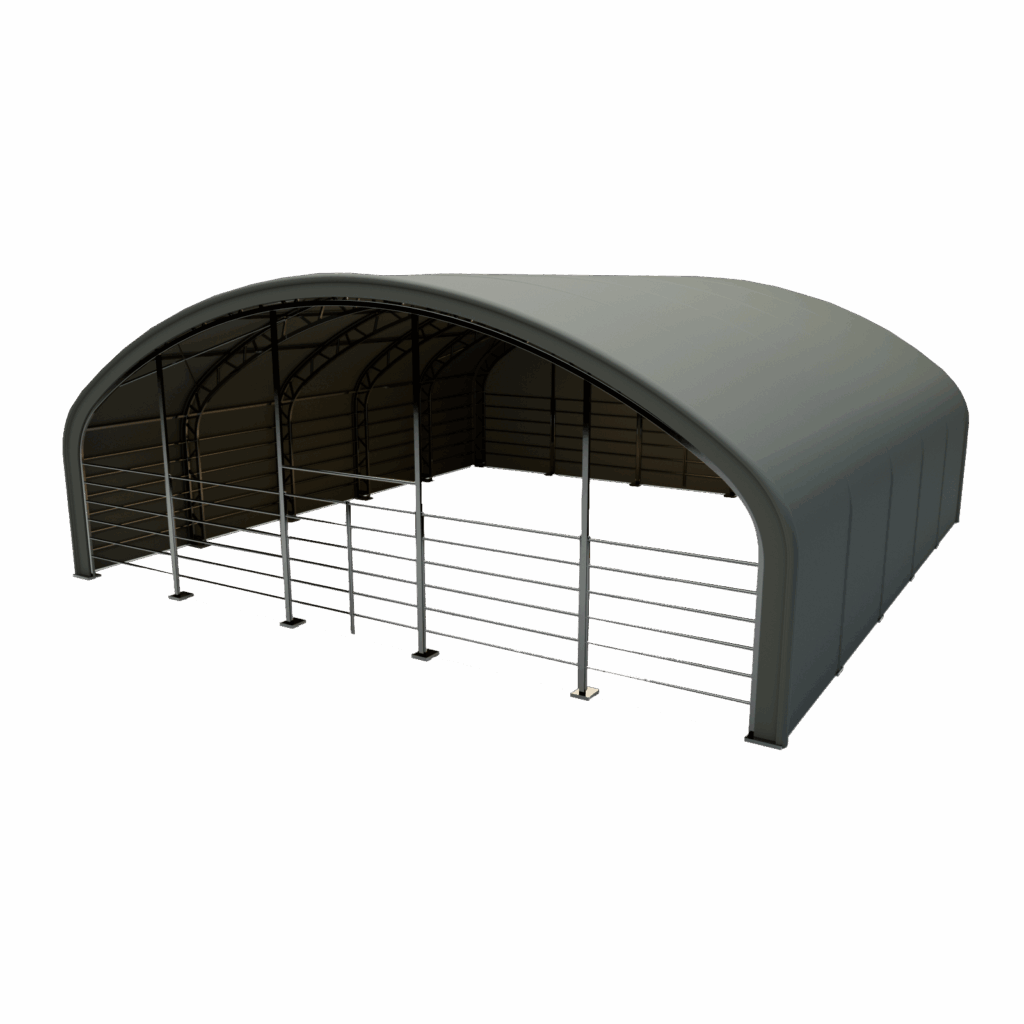 Vizualizácia prístrešku pre zvieratá a seno Hagro 12×12 m, čelný pohľad
